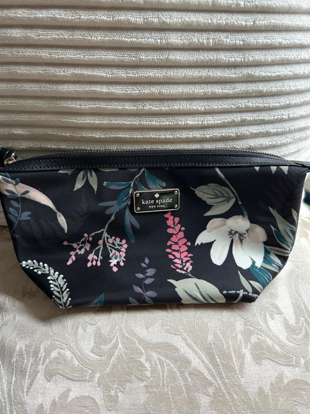 kate spade Black Floral Nylon Cosmetic Travel Pouch with Pink & Cream Blooms - Picture 1 of 6